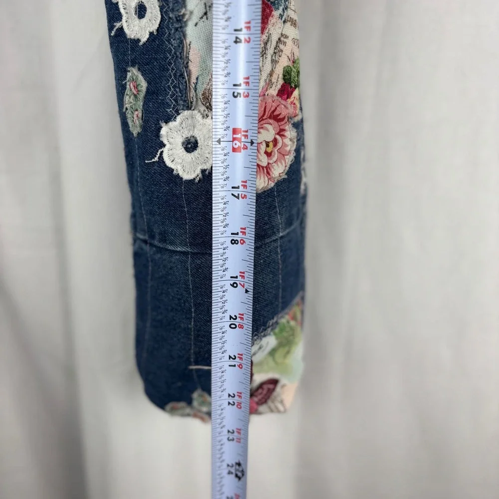 Handmade Denim Wine Tote Bag Floral Patchwork White‎ Lace Embellished